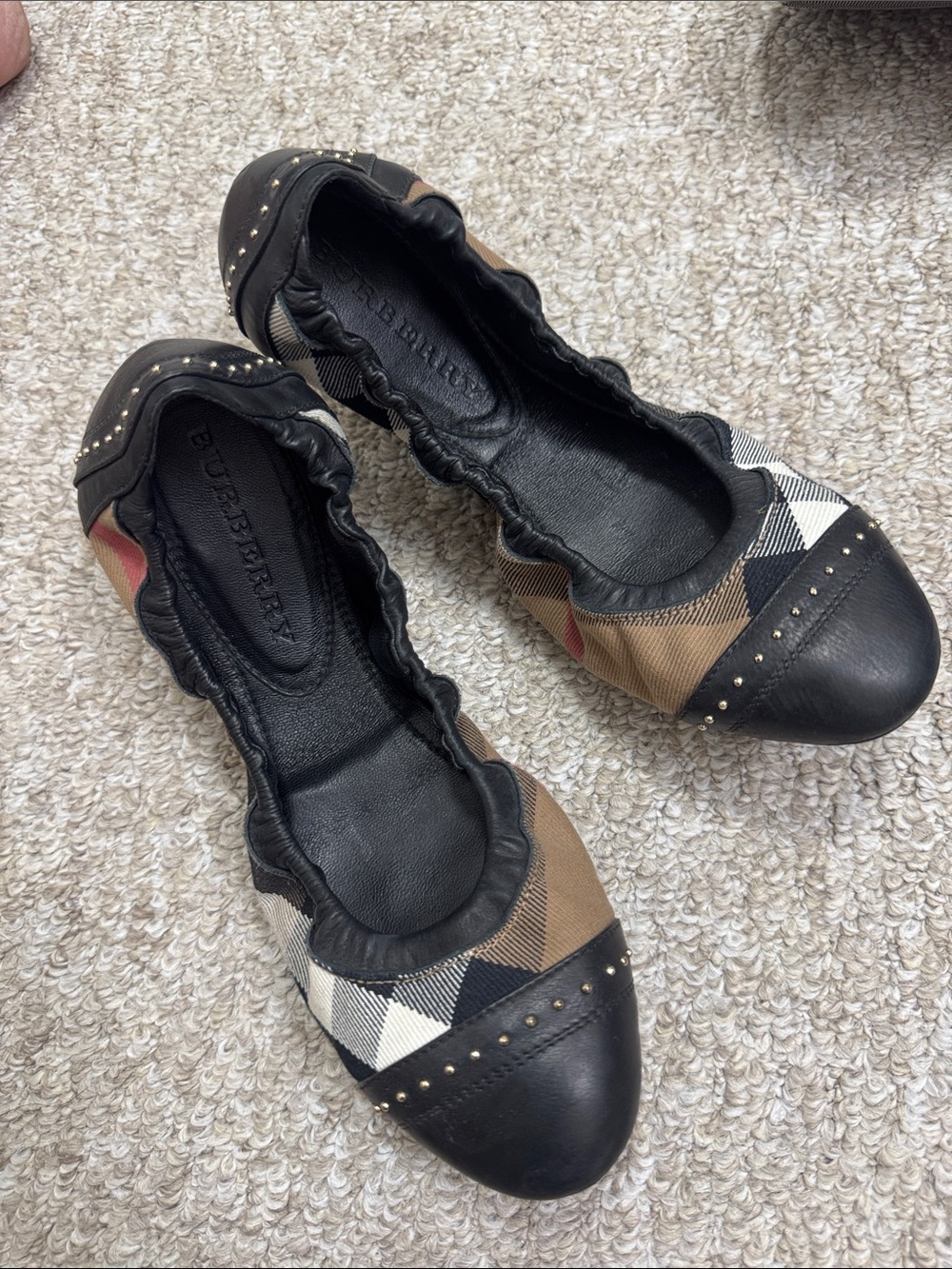 Burberry Black Leather & Nova Check Studded Cap-Toe Ballet Flats